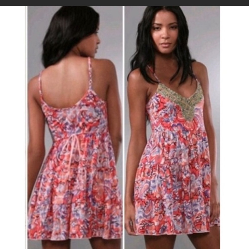 Free People, Coral Beaded Floral Mini Dress